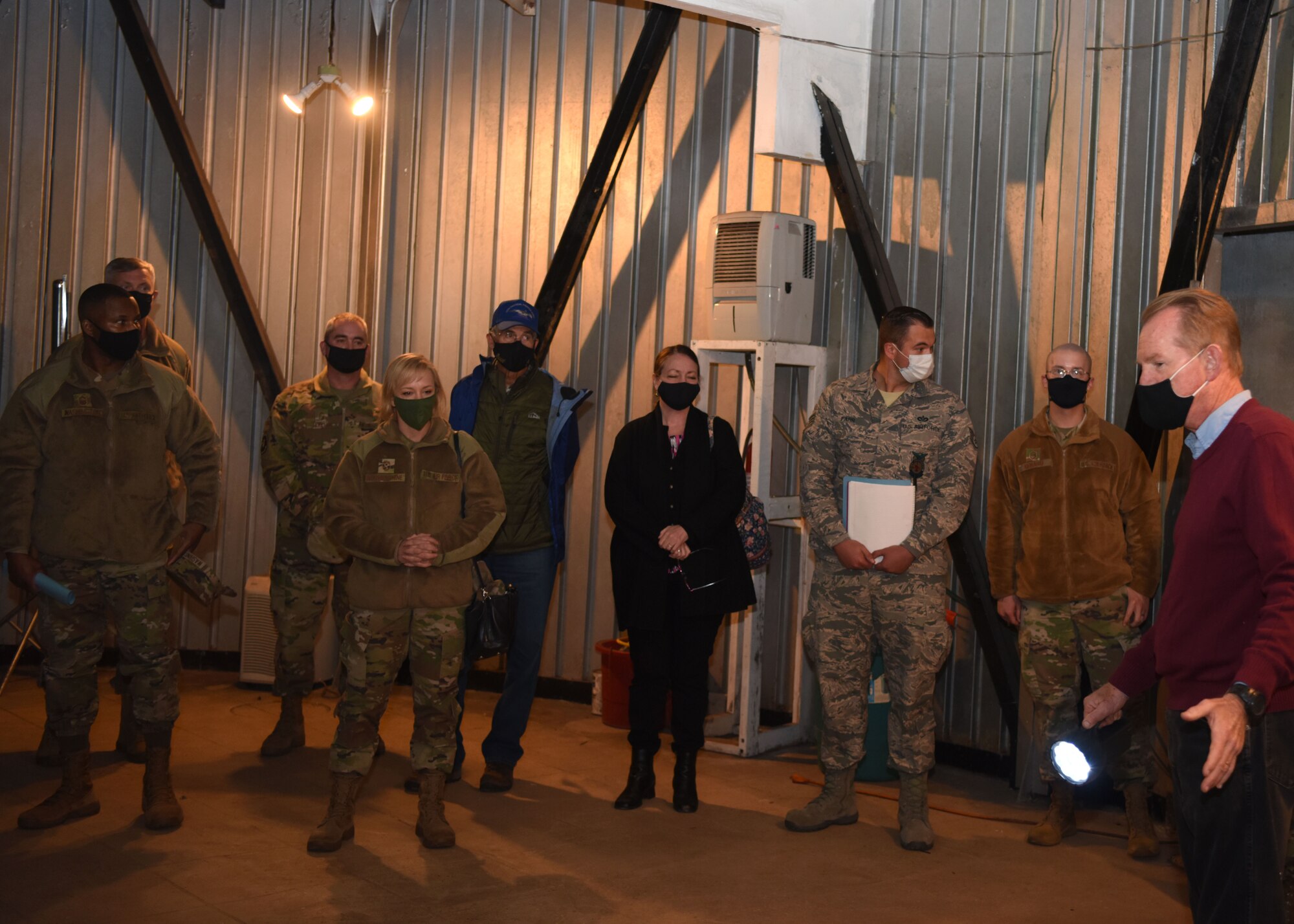 Owner of the Lawn Atlas Missile Base, Larry Sanders, shows members of Goodfellow the second floor of the launch control center at the LAMB in Lawn, Texas, Oct. 26, 2020. A five-person team manned the LLC during the Cold War, ready for the order to launch an intercontinental ballistic missile at a moment’s notice. (U.S. Air Force photo by Airman 1st Class Ethan Sherwood)