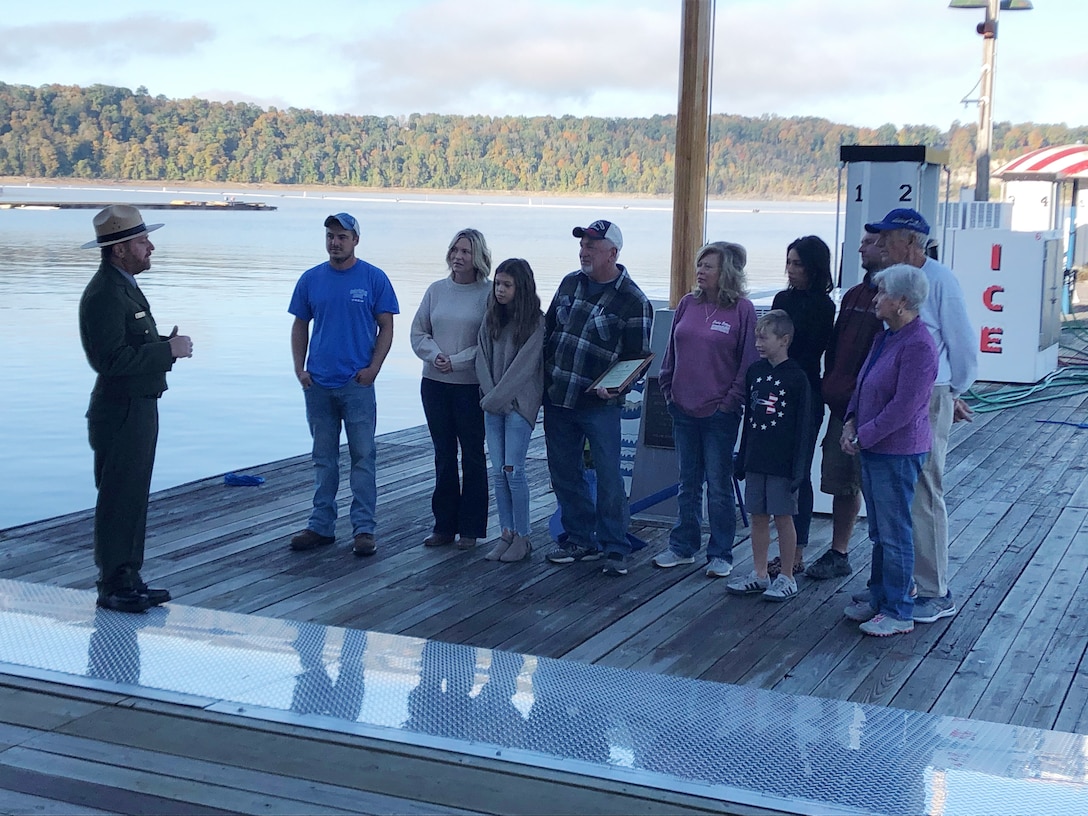 Jonathan Friedman, Lake Cumberland resource manager, recognizes the team at Conley Bottom Resort and Marina for recertifying as a "Clean Marina" during a ceremony at the marina in Monticello, Kentucky, Oct. 14, 2020. (USACE Photo by Daniel Clark)