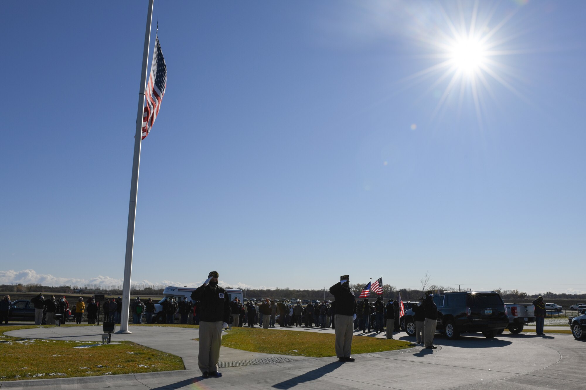 Veterans and supporters from across North Dakota gather to honor an unclaimed veteran Oct. 16, 2020, at the Fargo National Cemetery, N.D. Lelan Arthur Derr, United States Air Force Disabled Veteran, was given a proper burial with the military honors from the Grand Forks Air Force Base Honor Guard. (U.S. Air Force photo by Airman Ashley Richards)