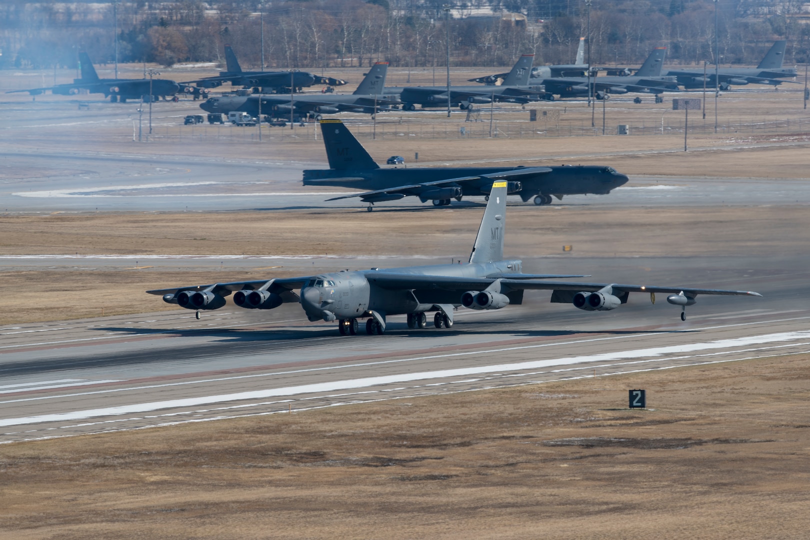 A B-52H Stratofortress aircraft takes off as part of Exercise Global Thunder 21, on Oct. 23, 2020 at Minot Air Force Base, North Dakota. U.S. Strategic Command conducts global operations in coordination with other combatant commands, services and appropriate U.S. government agencies to deter, detect and, if necessary, defeat strategic attacks against the United States and its allies.