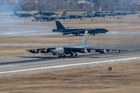 A B-52H Stratofortress aircraft takes off as part of Exercise Global Thunder 21, on Oct. 23, 2020 at Minot Air Force Base, North Dakota. U.S. Strategic Command conducts global operations in coordination with other combatant commands, services and appropriate U.S. government agencies to deter, detect and, if necessary, defeat strategic attacks against the United States and its allies.