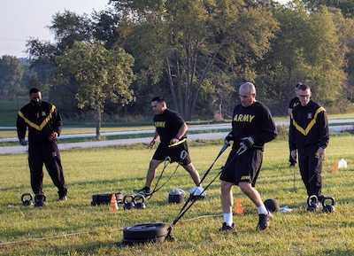 Illinois Army National Guard non-commissioned officers and officers complete the spring-drag-carry event in the Army Combat Fitness Test