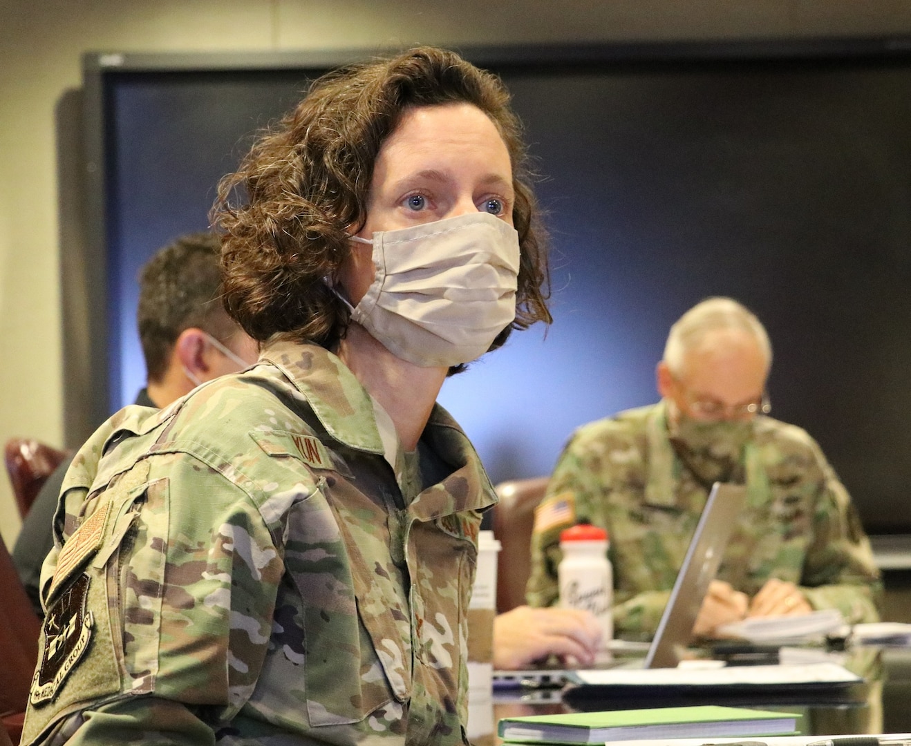 U.S. Air Force Col. Heather Yun, Deputy Commander for Medical Services, Brooke Army Medical Center, answers COVID-19 questions during a video teleconference with Argentine Army doctors Oct. 21.