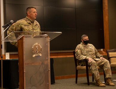 Lt. Col. Jeffary Jiannoni, of Petersburg, Illinois, addresses friends and family during his retirement ceremony Oct. 8 at the Illinois Military Academy, Camp Lincoln, Springfield, Illinois. Jiannoni retired from the Illinois Army National Guard after 31 years of service.