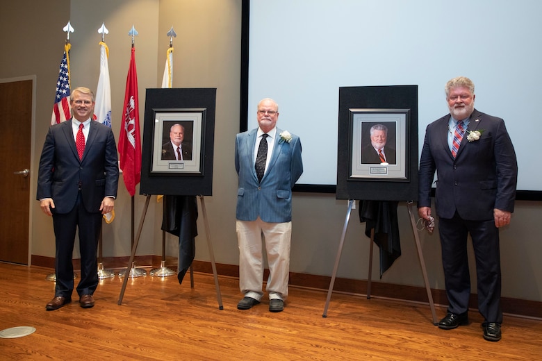 Dr. David Pittman, director of the U.S. Army Engineer Research and Development Center, stands with Dr. William “Bill” Martin and Dr. Reed Mosher, the newest inductees to the Waterways Experiment Station Gallery of Distinguished Employees at a ceremony, Oct. 15, 2020.