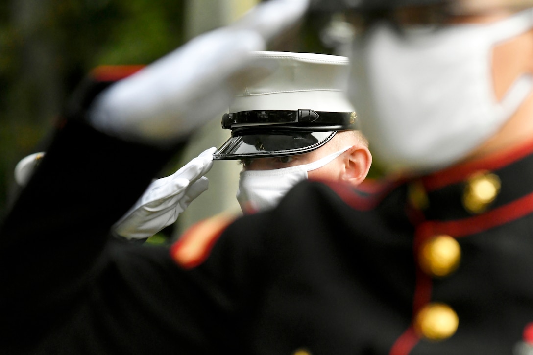 A saluting Marine is visually framed by the salute of a fellow Marine standing near him.