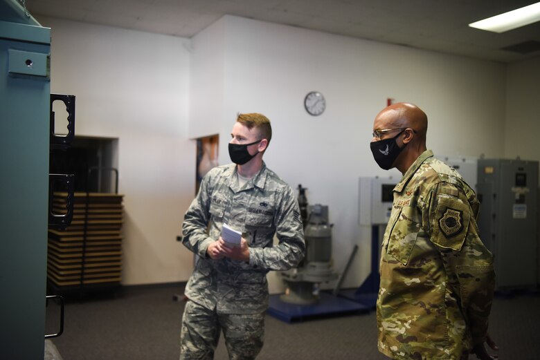 U.S Air Force Chief of Staff General Charles Q. Brown Jr. visits the 532th Training Squadron training bay Oct. 27, 2020, at Vandenberg Air Force Base, Calif. Vandenberg AFB hosts the only space technical schools, as well as being one of two U.S. Space Force operational ranges. The base’s unique units are critical to the nation’s security, economic prosperity and scientific knowledge. Spacelift operations at the West Coast launch base provide services, facilities and range safety control for the conduct of DOD, NASA and commercial space launches.  (U.S. Space Force photo by Senior Airman Hanah Abercrombie)