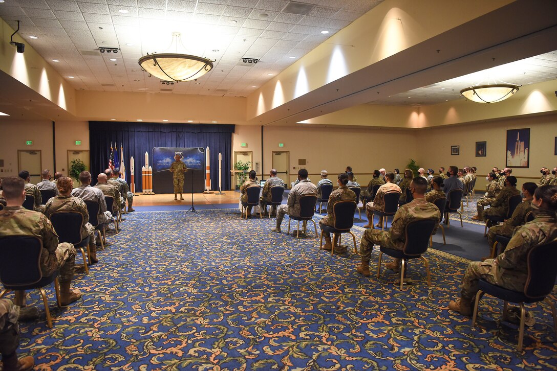 U.S Air Force Chief of Staff General Charles Q. Brown Jr. briefs Airmen during an all-call Oct. 27, 2020, at Vandenberg Air Force Base, Calif. During the all-call, Brown talked about the necessity of change and how it is critical to protect National Security. During Brown’s time at Vandenberg AFB, he visited different squadrons across the installation to include the 576th Flight Test Squadron Missile Processing Facility and 532nd Training Squadron training bay and met with base leadership and addressed Vandenberg personnel during an all-call. (U.S. Space Force photo by Senior Airman Hanah Abercrombie)