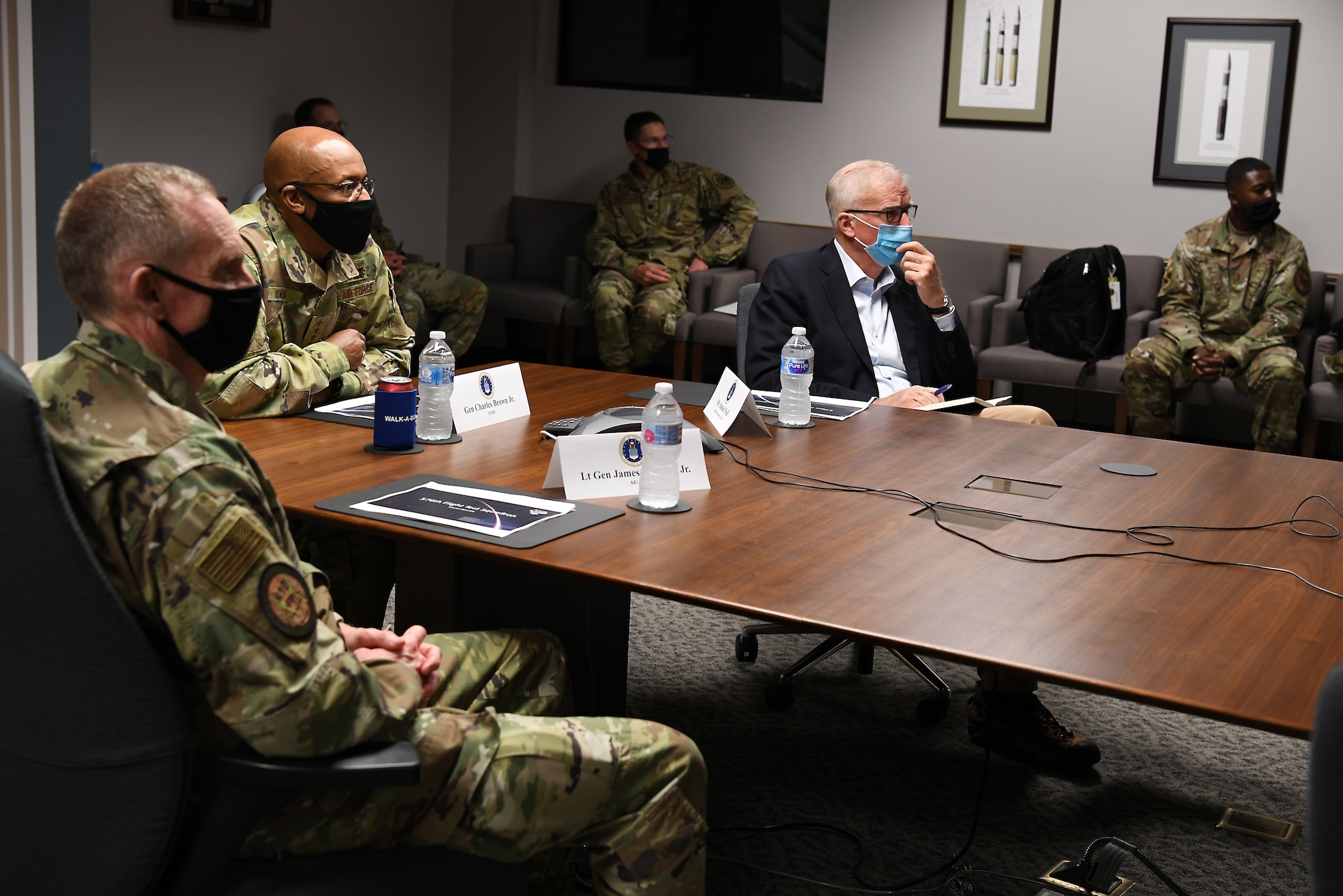 U.S Air Force Chief of Staff Gen. Charles Q. Brown, Jr., receives a mission overview brief from members of the 576th Flight Test Squadron about the Minuteman III intercontinental ballistic missile test launch during a base visit Oct. 27, 2020, at Vandenberg Air Force Base, Calif.