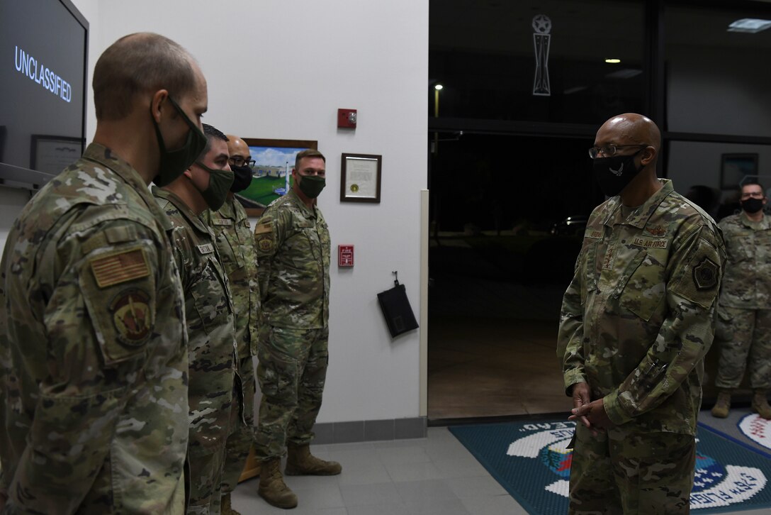 U.S Air Force Chief of Staff Gen. Charles Q. Brown, Jr. meets with members of the 576th Flight Test Squadron Oct. 27, 2020, at Vandenberg Air Force Base, Calif.
