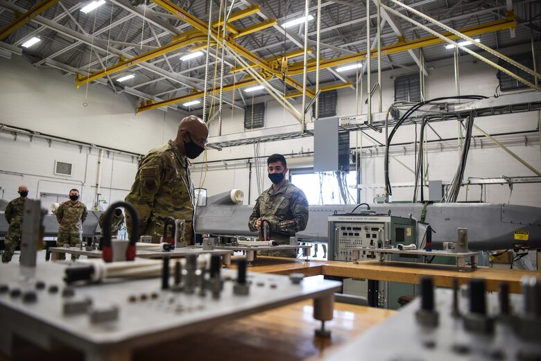 U.S Air Force Chief of Staff General Charles Q. Brown Jr. visits the 532th Training Squadron training bay Oct. 27, 2020, at Vandenberg Air Force Base, Calif. Vandenberg AFB hosts the only space technical schools, as well as being one of two U.S. Space Force operational ranges. The base's unique units are critical to the nation's security, economic prosperity and scientific knowledge. Spacelift operations at the West Coast launch base provide services, facilities and range safety control for the conduct of DOD, NASA and commercial space launches.  (U.S. Space Force photo by Senior Airman Hanah Abercrombie)