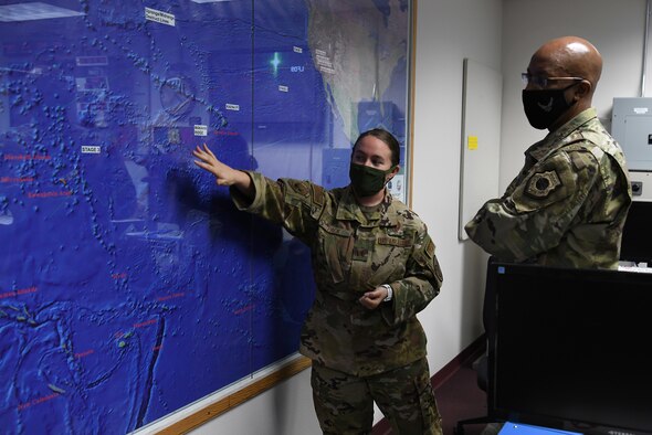 U.S Air Force Chief of Staff Gen. Charles Q. Brown, Jr., receives a briefing from Capt. Morgan Pack, 576th Flight Test Squadron intercontinental ballistic missile test operator, during a tour Oct. 27, 2020, at Vandenberg Air Force Base, Calif.