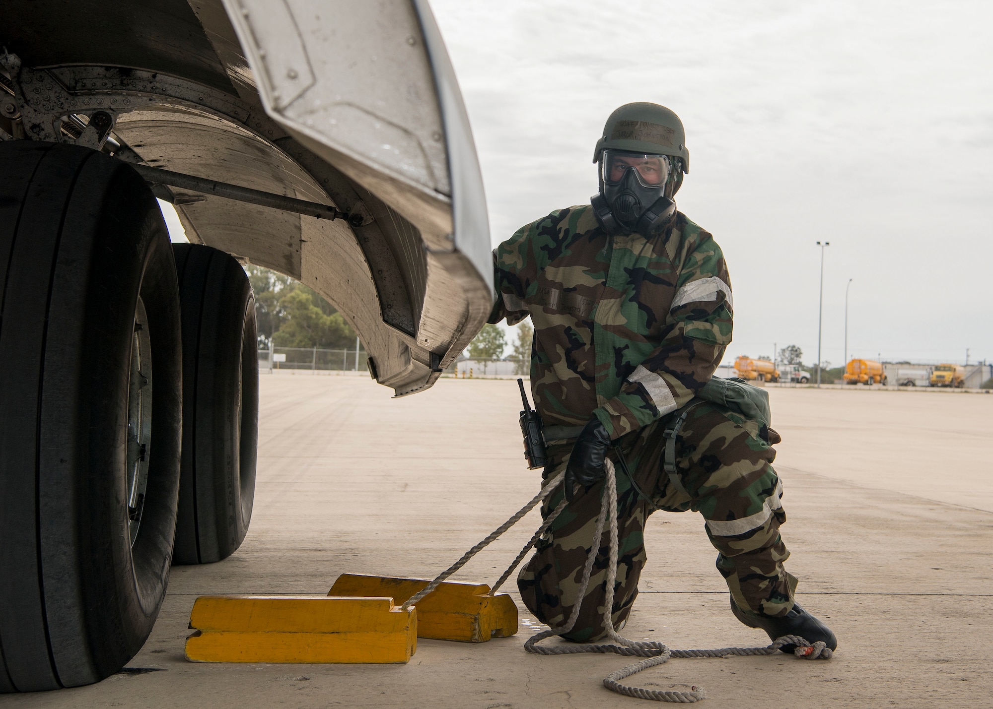 U.S. Air Force Staff Sgt. Jarom Johnston, attached to the 521st Air Mobility Squadron pulls blocks from U.S. Air Force C-17 Globemaster III wheels during exercise Nodal Lightning 20-2.