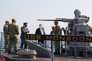 201028-N-KC128-1122 NAVAL SUPPORT ACTIVITY BAHRAIN (Oct. 28, 2020) Secretary of Defense Dr. Mark T. Esper, third from left, tours the coastal patrol ship USS Monsoon (PC 4) during a visit on board Naval Support Activity Bahrain, Oct. 28. NAVCENT is the U.S. Navy element of U.S. Central Command in the U.S. 5th Fleet area of operations and encompasses about 2.5 million square miles of water area and includes the Arabian Gulf, Gulf of Oman, Red Sea and parts of the Indian Ocean. The expanse is comprised of 20 countries and includes three critical choke points at the Strait of Hormuz, the Suez Canal and the Strait of Bab al Mandeb at the southern tip of Yemen. (U.S. Navy photo by Mass Communication Specialist 1st Class Daniel Hinton)