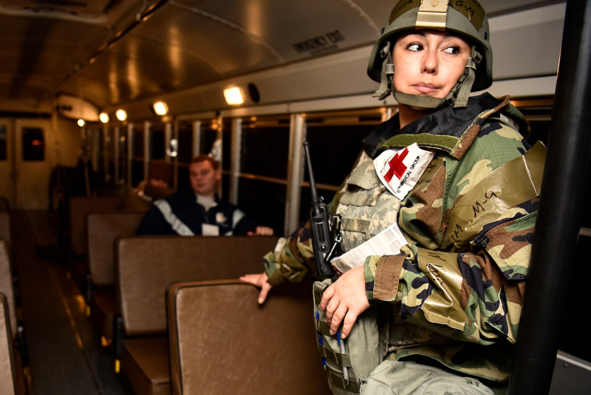 An Airmen monitoring simulated victims.