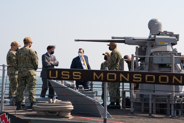 Secretary of Defense Dr. Mark T. Esper, third from left, tours the coastal patrol ship USS Monsoon (PC 4) during a visit to Naval Support Activity Bahrain.