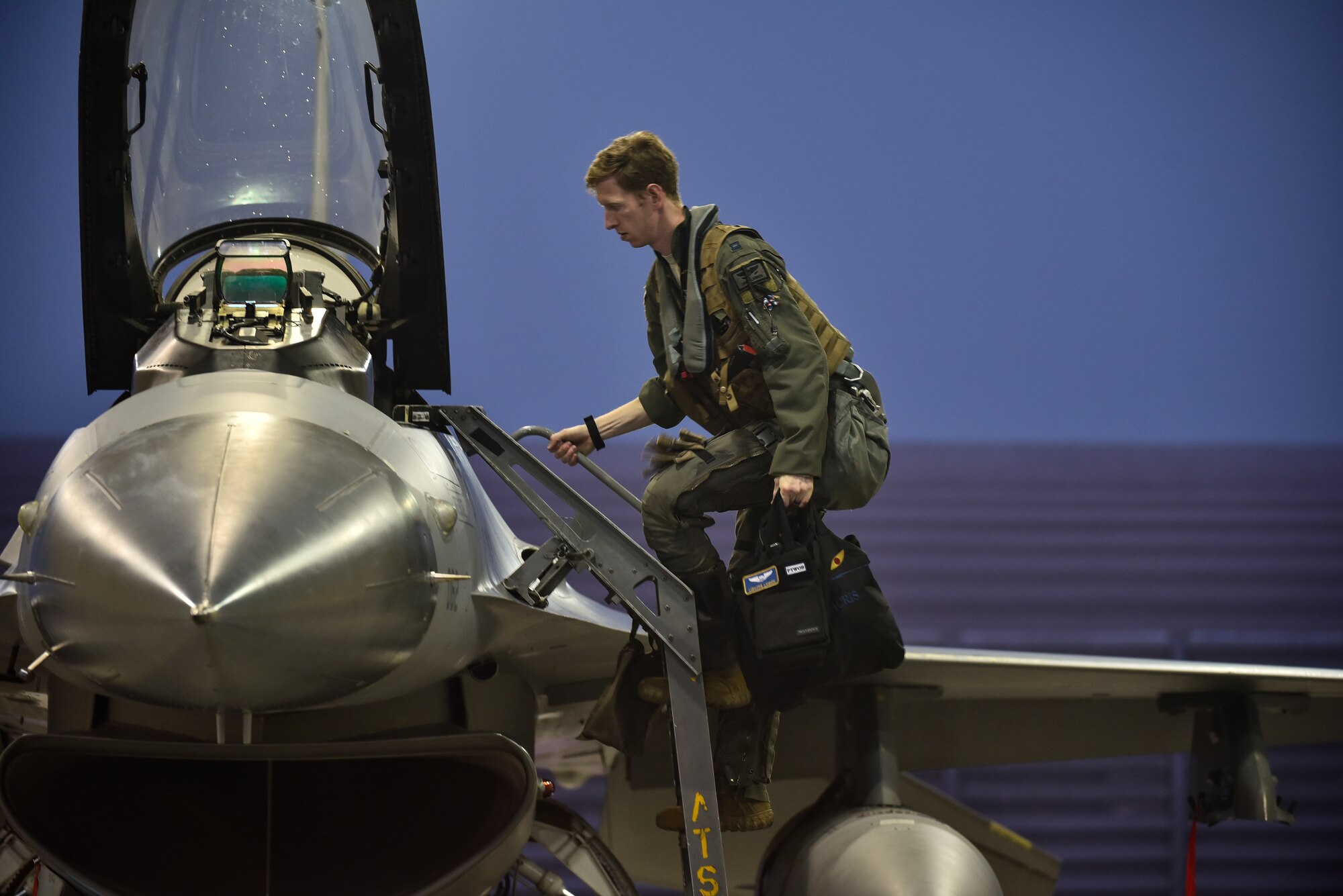 A pilot stepping for flight.