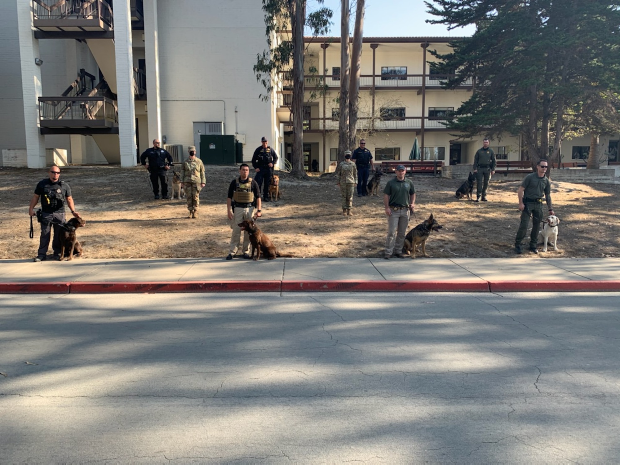 Members from the 517 Training Group and two police departments stand for a photo in front of dormitories housing Airmen at the Presidio of Monterrey, California Oct. 15th, 2020. The canine unit swept through the dormitories inspecting living conditions and searching for drugs or paraphernalia. (Courtesy Photo Deputy Chief of Monterey Police Department David Armacost)