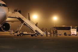 Col. James F. Porter, commander, and other key leadership from the 304th Sustainment Brigade, 79th Theater Sustainment Command, greet Soldiers from the 101st Division Sustainment Brigade, 101st Airborne Division, in Kuwait.