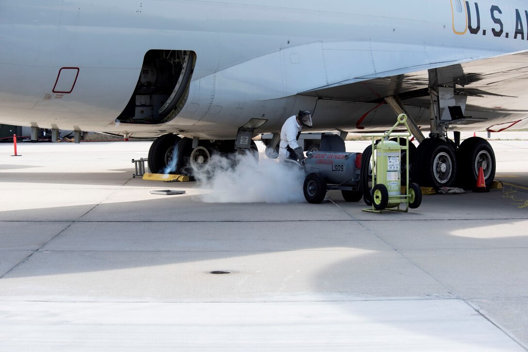 Photo working on an airplane on the flightline
