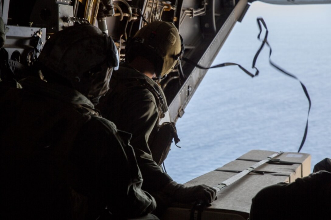 U.S. Marines with Marine Medium Tiltrotor Squadron 163, Marine Aircraft Group 16, 3rd Marine Aircraft Wing, prepare to deploy an oceanographic sensor at the Pacific Ocean, Calif., Oct. 13, 2020. 3rd MAW builds capability, strength, trust, and resiliency in our Marine-Air-Ground-Task Force by providing the aviation command element for I Marine Expeditionary Force. (U.S. Marine Corps photo by Lance Cpl. Juan Anaya)