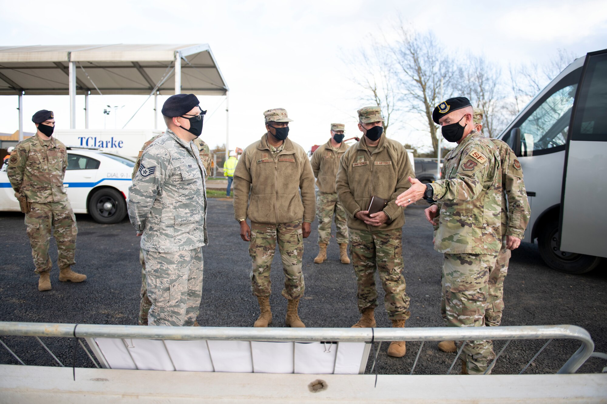 U.S. Air Force Maj. Brian Mack (right), 423rd Security Forces Squadron commander, briefs the Third Air Force command team about the Large Vehicle Inspection Site gate construction project at Royal Air Force Alconbury, England, Oct. 26, 2020. The Third Air Force command team toured six bases in the 501st Combat Support Wing as part of a new commander’s immersion tour. (U.S. Air Force photo by Senior Airman Jennifer Zima)