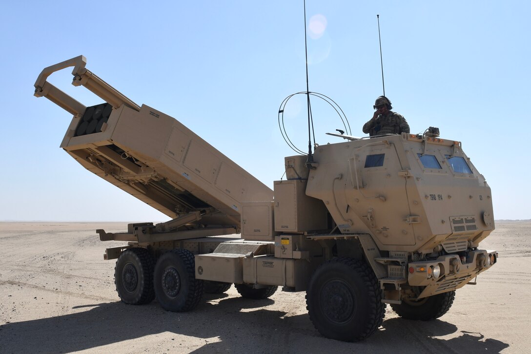 Task Force Spartan Soldiers from the 1st Battalion, 14th Field Artillery Regiment, 75th Field Artillery Brigade, showcased their ability to rapidly deploy High Mobility Artillery Rocket System (HIMARS) launchers anywhere in the U.S. Central Command area of responsibility within hours during AMDEX 21-1. Air and Missile Defense Exercise 21-1, which started Oct. 12, develops and exercises tactics, techniques, and procedures against simulated air, cyber, force protection and missile threats.