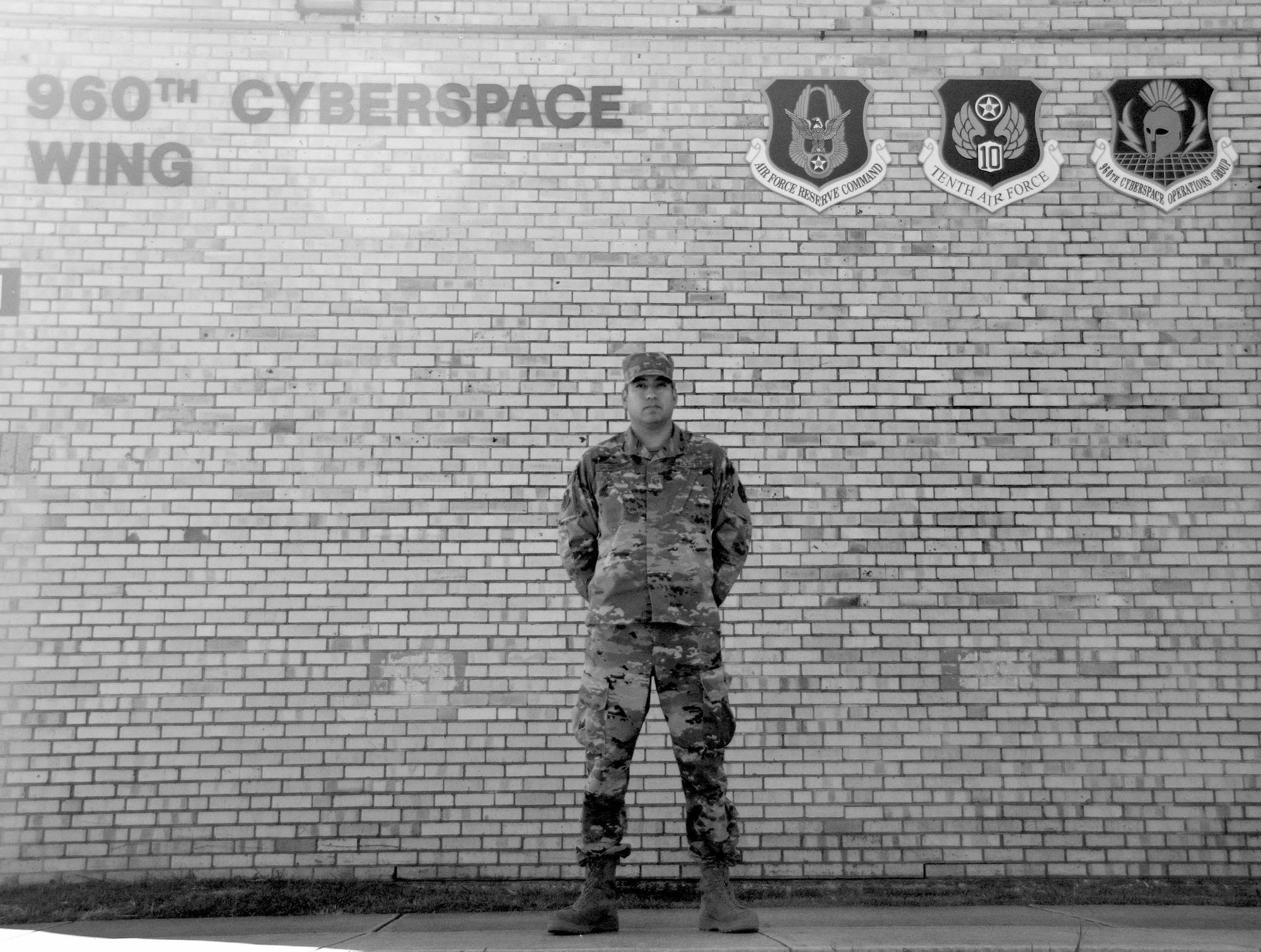 Tech. Sgt. Dominic CalvilloGonzales, 426th Network Warfare Squadron operations training specialist, stands for a photograph Oct. 28, 2020, at Joint Base San Antonio-Chapman Training Annex, Texas. (U.S. Air Force photo by Samantha Mathison)