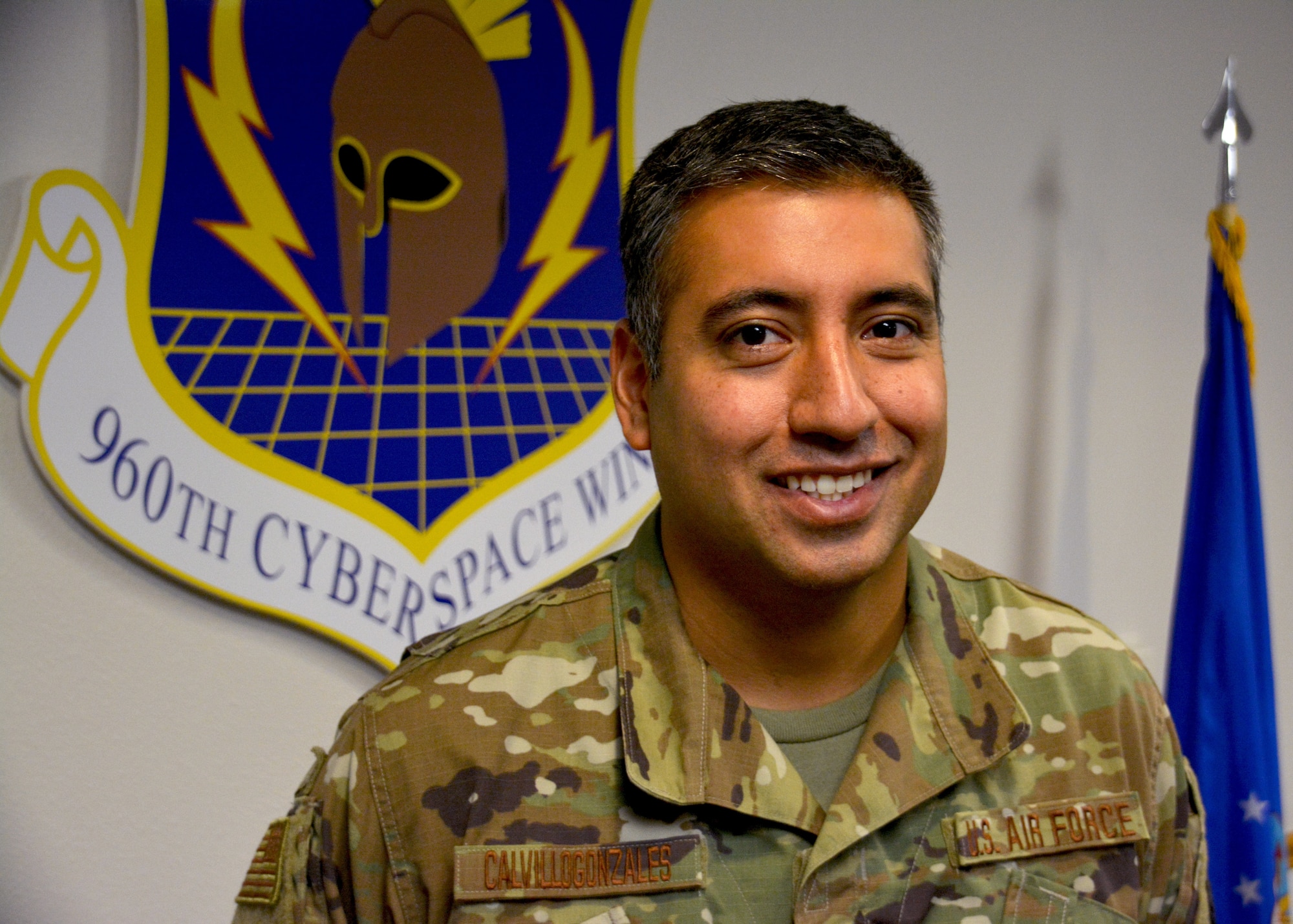 Tech. Sgt. Dominic CalvilloGonzales, 426th Network Warfare Squadron operations training specialist, stands for a photograph Oct. 28, 2020, at Joint Base San Antonio-Chapman Training Annex, Texas. (U.S. Air Force photo by Samantha Mathison)