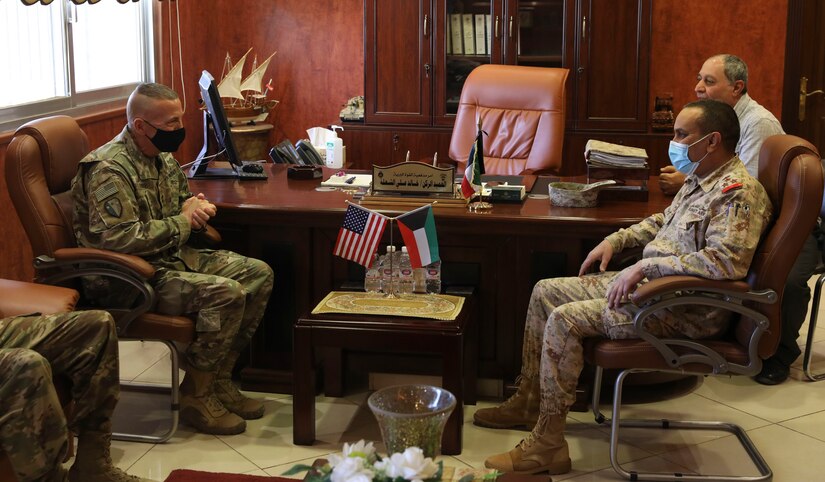 U.S. Army Major General Steven Ferrari met with Kuwait Land Forces Brigadier General Khaled A. Al-Shualah, Oct. 22, 2020, in Kuwait. The Ferrari, the Commander of Task Force Spartan, and Al-Shualah, the Commander of the Kuwait Land Forces Artillery Regiment, met during a key leader engagement at the KLF Artillery Regiment. (U.S. Army photo by Sgt. Trevor Cullen)