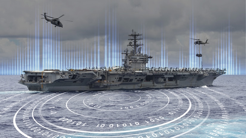 An illustration showing two helicopters hovering over an aircraft carrier at sea.