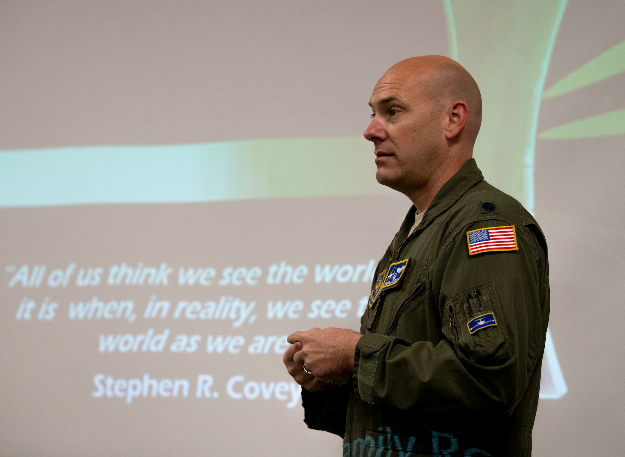Lt. Col. Brendan Hopkins, 458th Airlift Squadron commander, briefs a class.