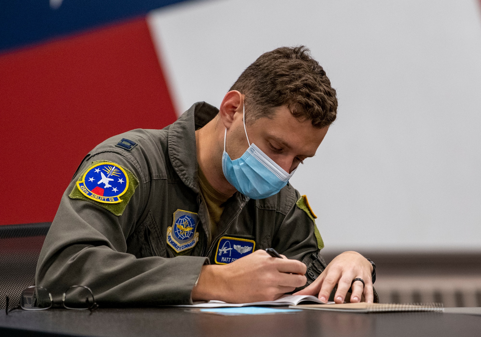 Capt. Matthew Forrest, 458th Airlift Squadron, fills out a four lenses test to figure out what color personality he is.