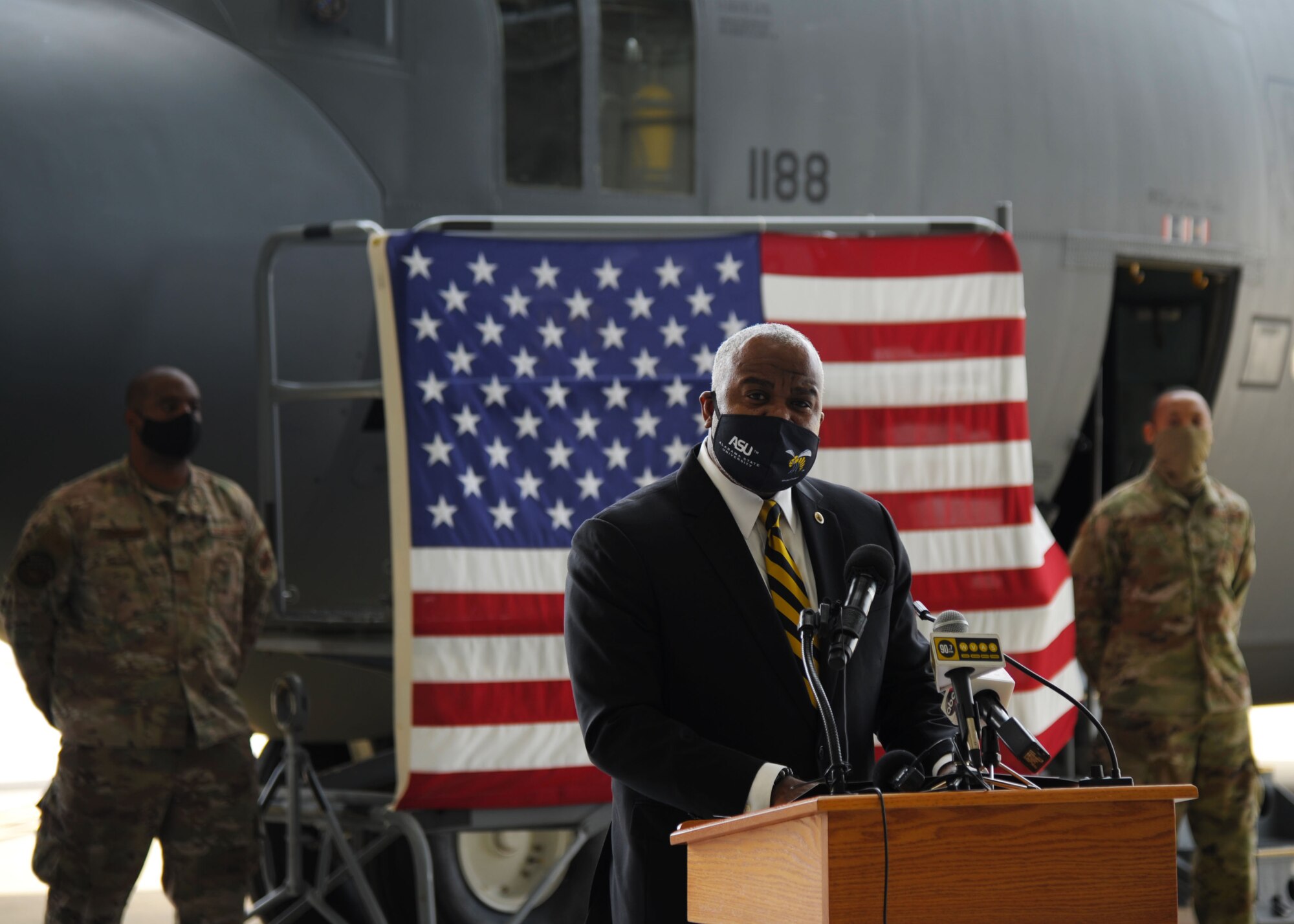 Dr. Quinton T. Ross Jr., president of Alabama State University, addresses the crowd at the nose art unveiling ceremony held at Maxwell Air Force Base, Alabama. The 908th Airlift Wing commemorated its partnership with ASU by painting the university’s logo on the nose of one of its C-130 H aircraft. (U.S. Air Force photo by Senior Airman Max Goldberg)