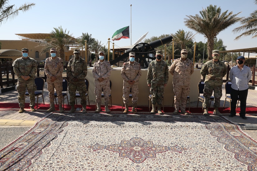 U.S. Army Major General Steven Ferrari met with Kuwait Land Forces Brigadier General Khaled A. Al-Shualah, Oct. 22, 2020, in Kuwait. The Ferrari, the Commander of Task Force Spartan, and Al-Shualah, the Commander of the Kuwait Land Forces Artillery Regiment, met during a key leader engagement at the KLF Artillery Regiment. (U.S. Army photo by Sgt. Trevor Cullen)