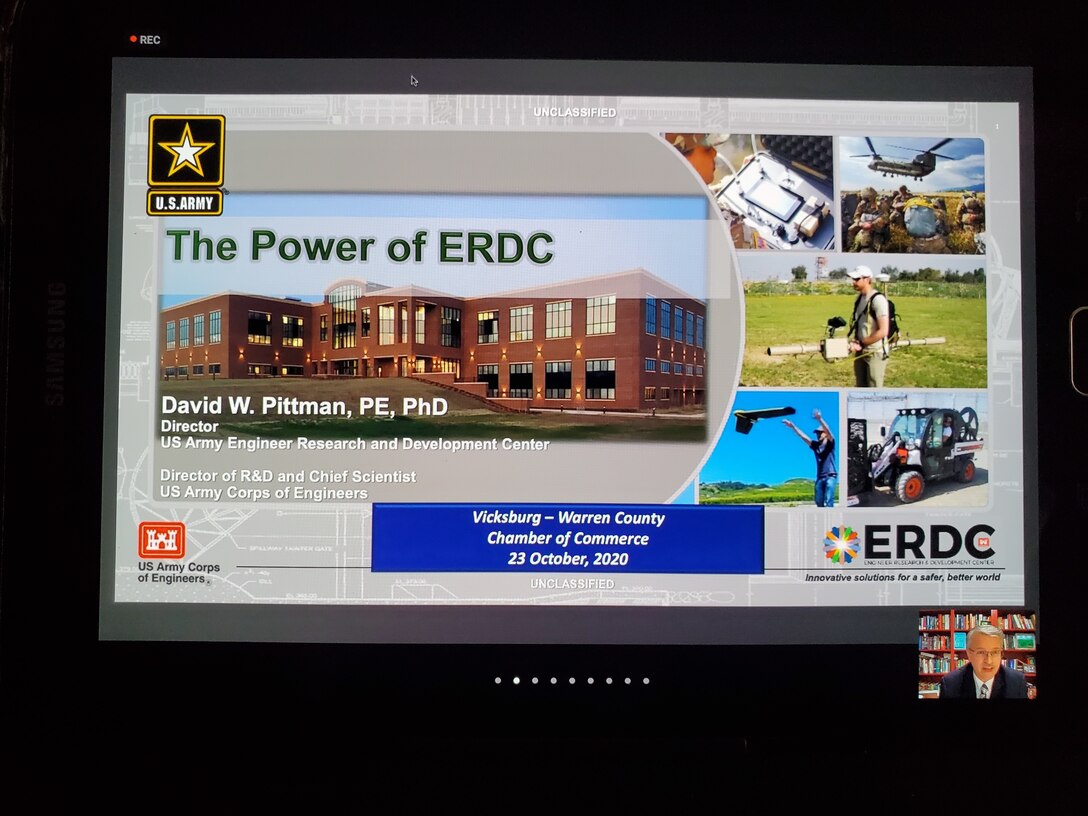 Dr. David Pittman, director of the U.S. Army Engineer Research and Development Center, virtually addresses Vicksburg and Warren County community leaders during the Vicksburg-Warren County Chamber of Commerce October meeting, Oct. 23, 2020. Pittman, provided virtual attendees an update on the current status of the organization and stressed the importance of the “Power of ERDC” to the local community.