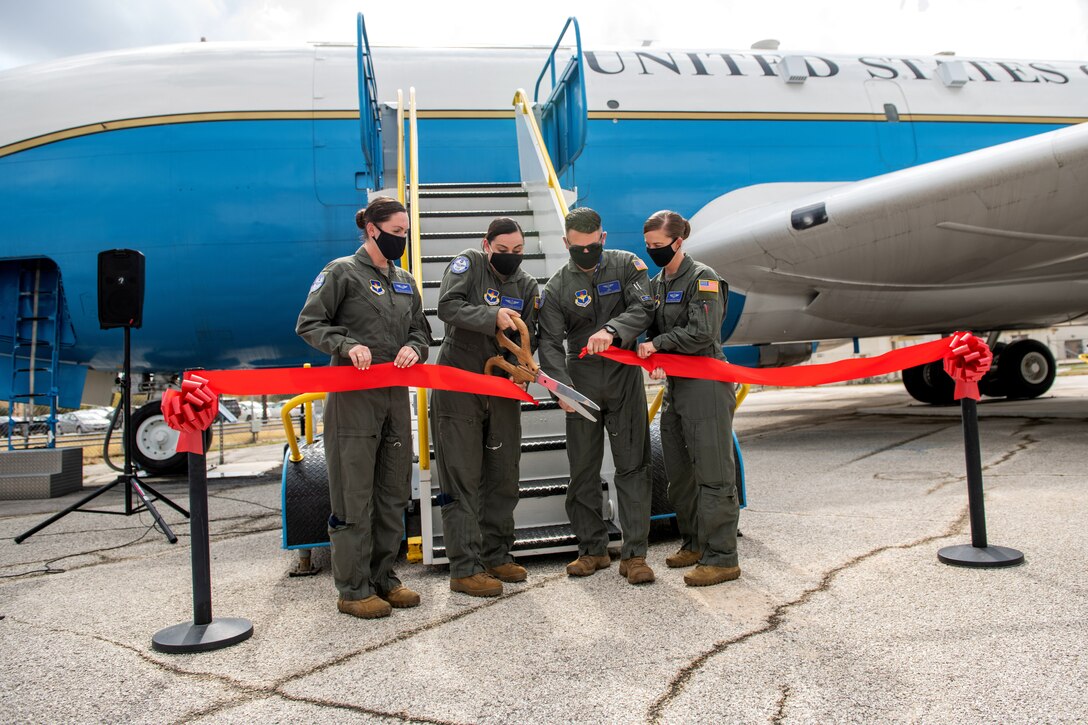 U.S. Air Force instructors with the 344th Training Squadron Career Enlisted Aviator Center of Excellence cut the ribbon during the ceremony of the ‘Speckled Trout’ Oct. 26, 2020, at Joint Base San Antonio-Lackland, Texas.