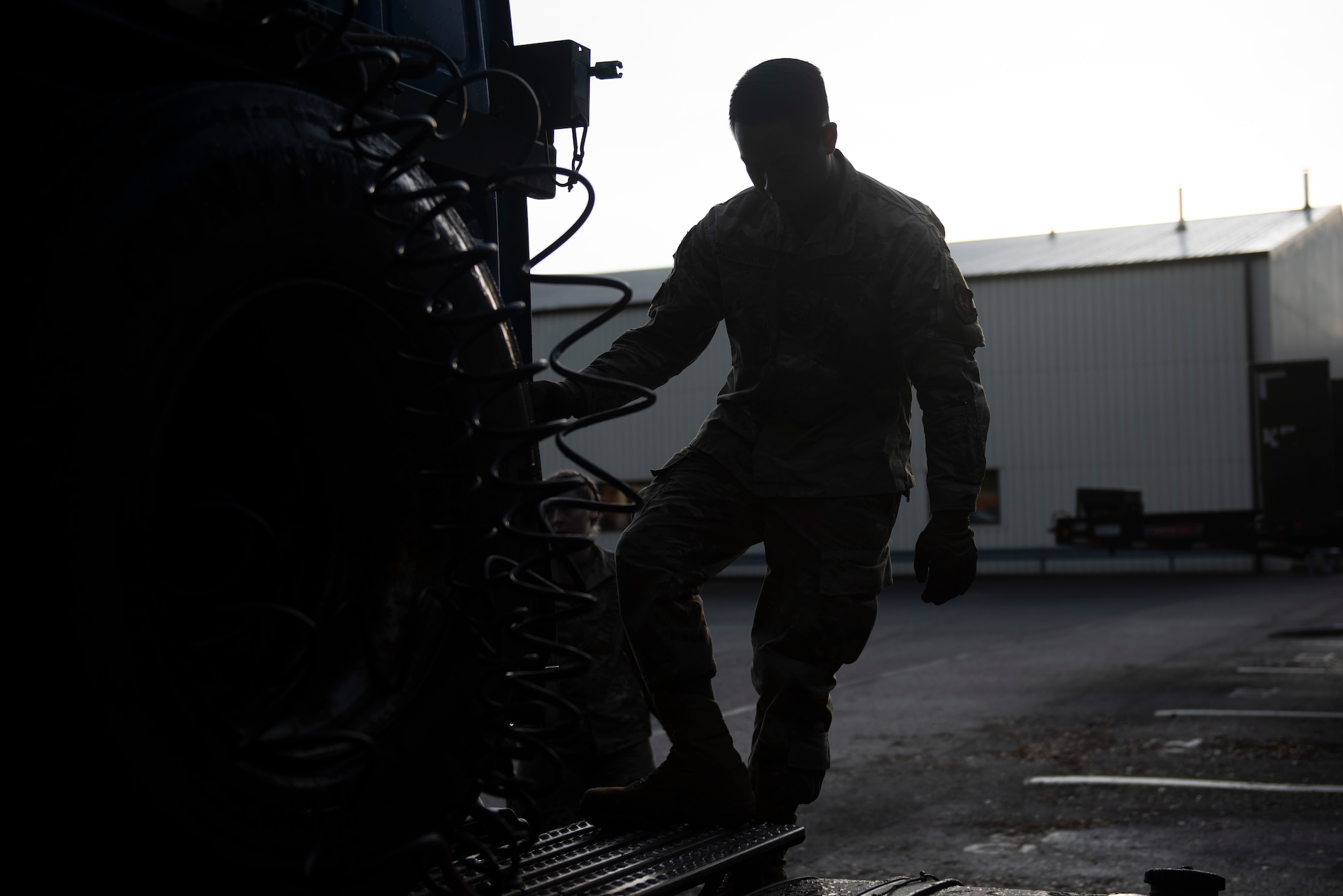 U.S. Air Force Airman 1st Class Kevin Souriyanyong, 48th Logistics Readiness Squadron ground transportation specialist, prepares a truck for cargo loading at Royal Air Force Lakenheath, England, Oct 15, 2020. The vehicular operations flight maintains over 80 vehicles within its fleet. (U.S. Air Force photo by Airman 1st Class Anthony Clingerman)