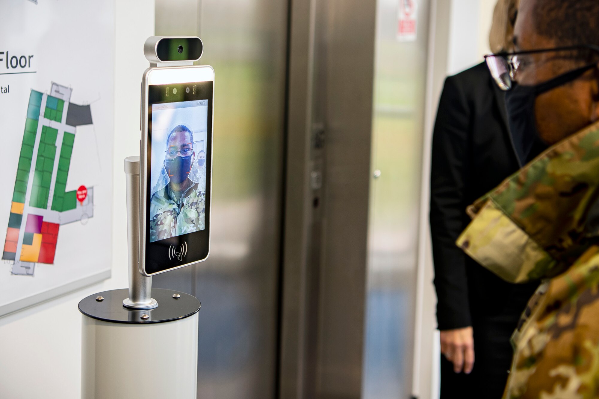 U.S Air Force Maj. Gen. Randall Reed, Third Air Force commander, takes a temperature check prior to entering the 422d Medical Squadron at Royal Air Force Croughton, England, Oct. 27, 2020. The Third Air Force command team toured six bases in the 501st Combat Support Wing as part of a new commander’s immersion tour. (U.S. Air Force photo by Senior Airman Eugene Oliver)