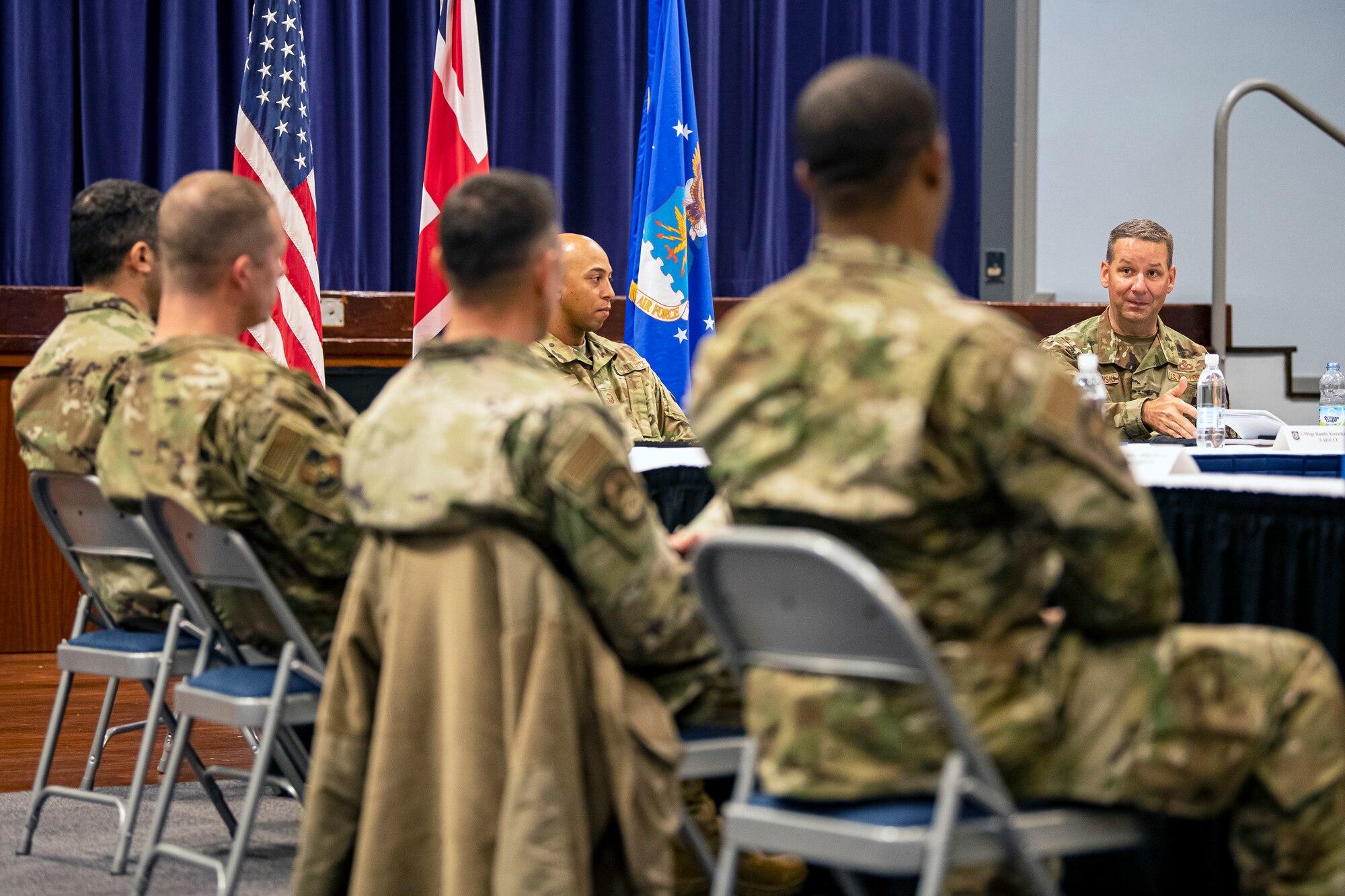 U.S. Air Force Chief Master Sgt. Randy Kwiatkowski (right), Third Air Force command chief, speaks with fellow Senior Non Commissioned Officers from the 501st Combat Support Wing during a shared perspectives discussion at Royal Air Force Croughton, England, Oct. 27, 2020. As part of his visit, Kwiatowski held an open dialogue discussion with his fellow SNCOs to address any issues or concerns they may have. (U.S. Air Force photo by Senior Airman Eugene Oliver)