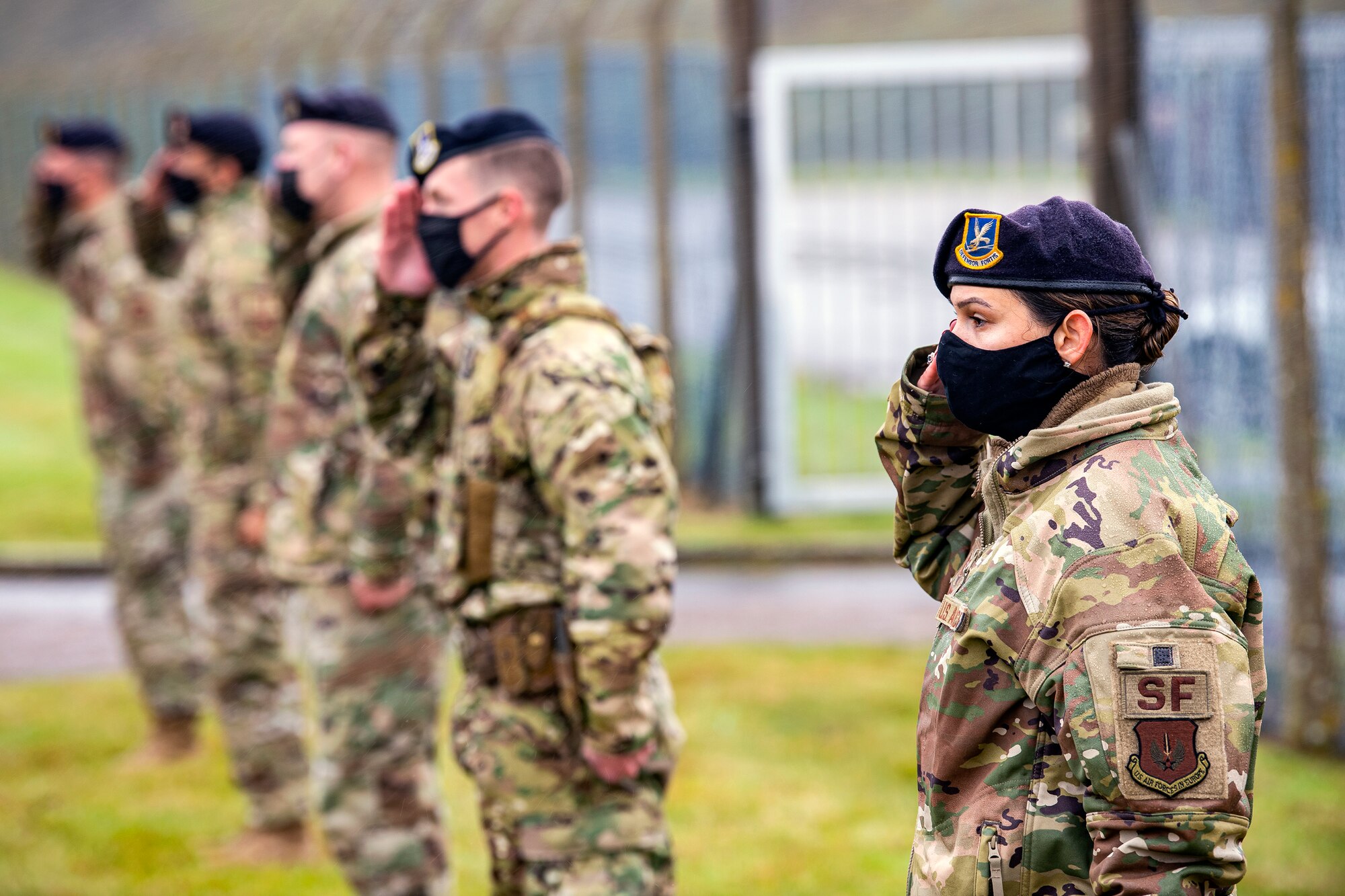 U.S. Air Force Airmen from the 422nd Security Forces Squadron salute during a visit from the Third Air Force command team at Royal Air Force Croughton, England, Oct. 27, 2020. The Third Air Force command team visited multiple squadrons throughout RAF Croughton to recognize and speak with Airmen and civilians from across the base. (U.S. Air Force photo by Senior Airman Eugene Oliver)