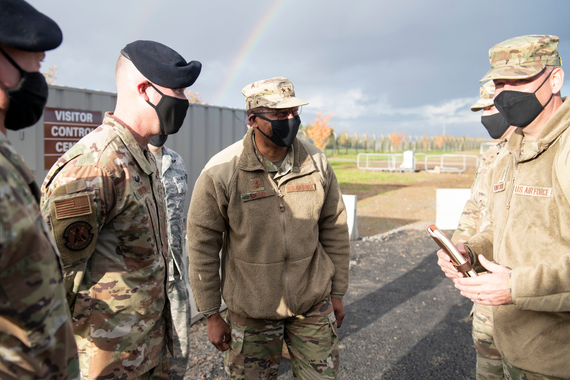 U.S. Air Force Maj. Gen. Randall Reed (center), Third Air Force commander, speaks with base leaders about the Large Vehicle Inspection Site gate construction project at Royal Air Force Alconbury, England, Oct. 26, 2020. The Third Air Force command team toured six bases in the 501st Combat Support Wing as part of a new commander’s immersion tour. (U.S. Air Force photo by Senior Airman Jennifer Zima)