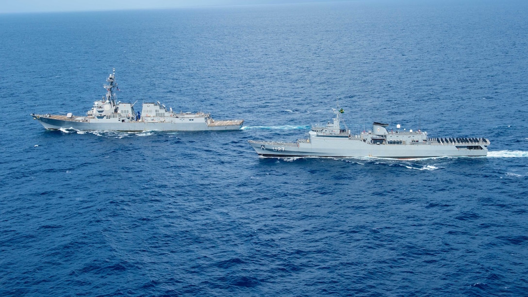 USS William P. Lawrence (DDG 110) and the Brazilian navy training ship BNS Brasil (U 27) conduct a passing exercise.