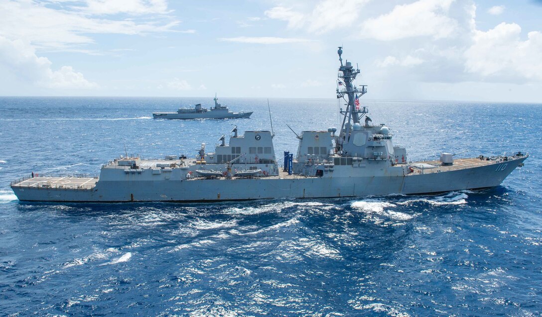 USS William P. Lawrence (DDG 110) and the Brazilian navy training ship BNS Brasil (U 27) conduct a passing exercise.