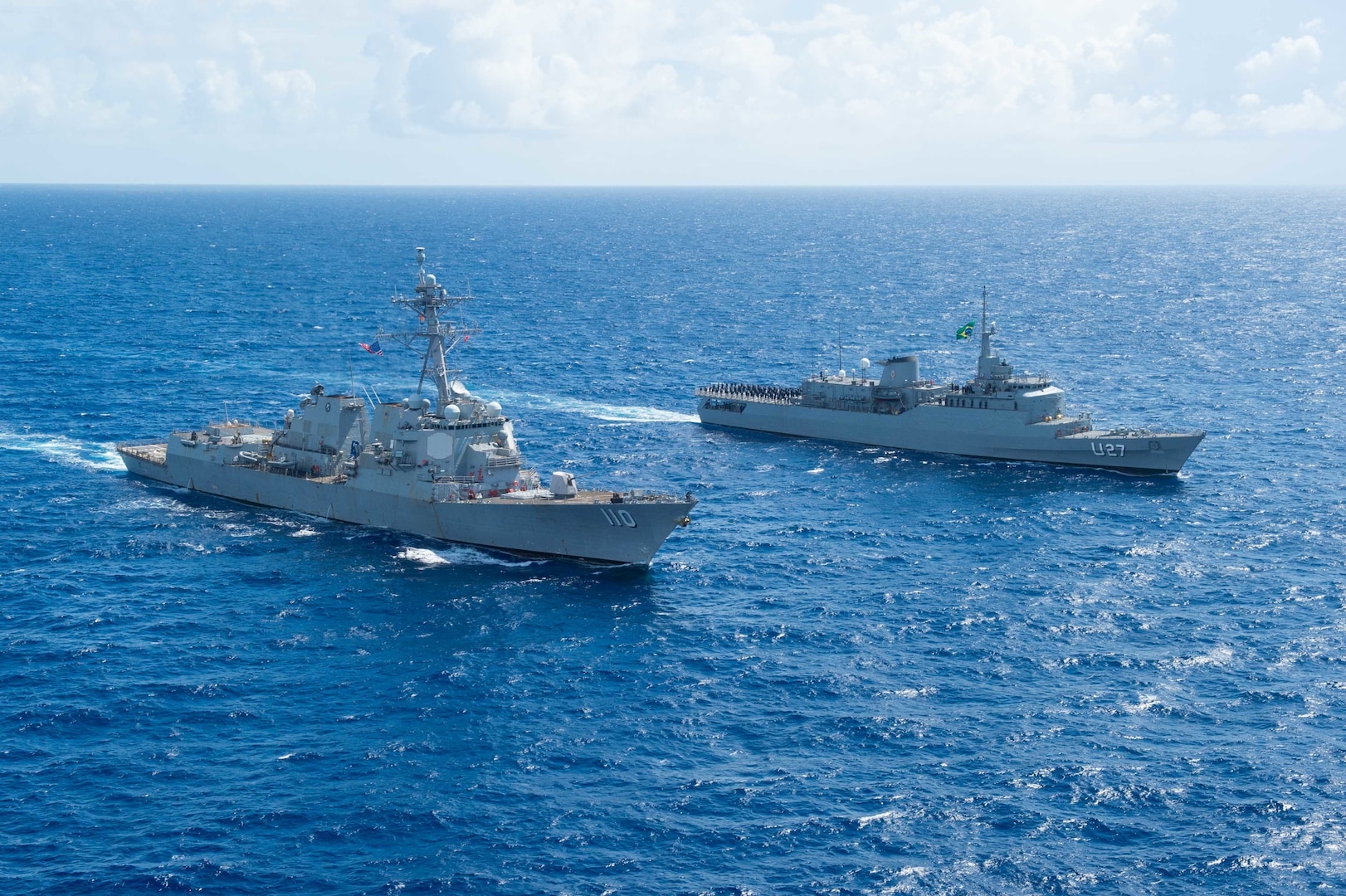 USS William P. Lawrence (DDG 110) and the Brazilian navy training ship BNS Brasil (U 27) conduct a passing exercise.