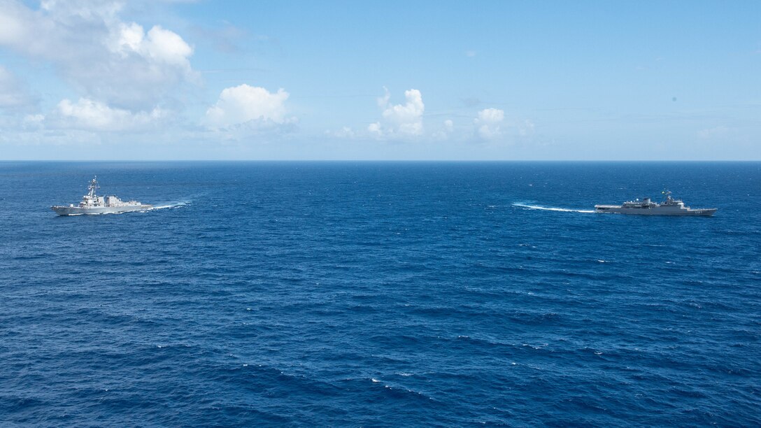 USS William P. Lawrence (DDG 110) and the Brazilian navy training ship BNS Brasil (U 27) conduct a passing exercise.