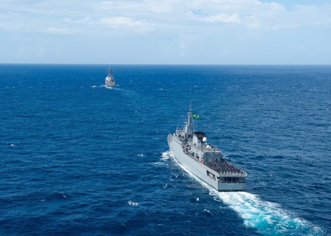 USS William P. Lawrence (DDG 110) and the Brazilian navy training ship BNS Brasil (U 27) conduct a passing exercise.
