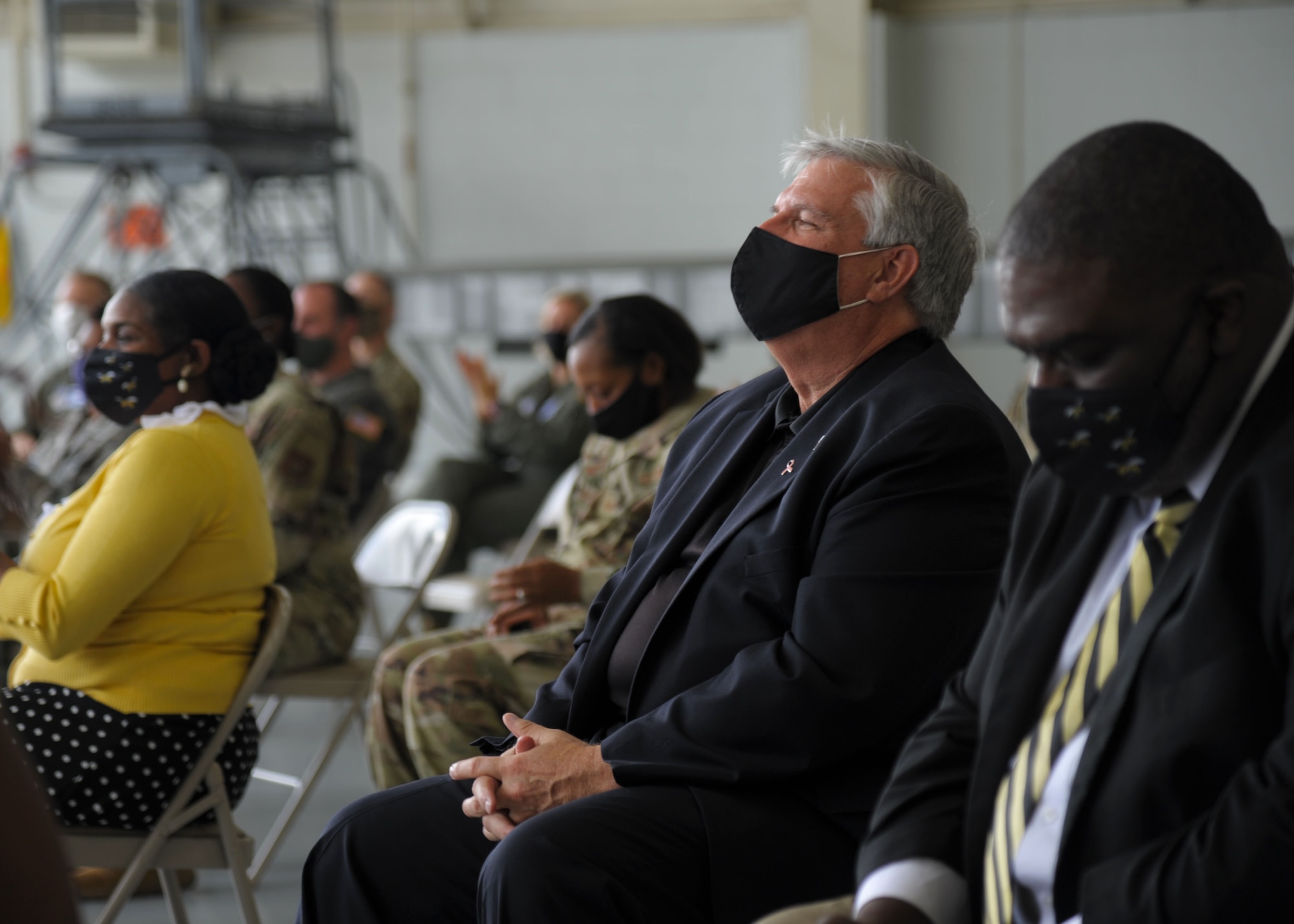 Members of the 908th Airlift Wing and representatives of Alabama State University attend the nose art unveiling ceremony at Maxwell Air Force Base, Alabama. The 908th AW commemorated its partnership with ASU by painting the university’s logo on the nose of one of its C-130 H aircraft. (U.S. Air Force photo by Senior Airman Max Goldberg)