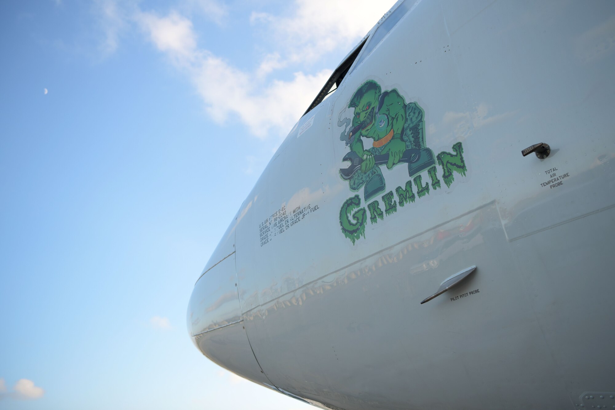 An E-8C Joint STARS aircraft sits peacefully on Kadena Air Base, Japan, while maintenance members work diligently to lubricate the aircraft and ensure everything is in working order, Sept. 24, 2020. Joint STARS team members from Robins Air Force Base, Georgia, are deployed to KAB on three month rotations to work with the 5th Expeditionary Airborne Command and Control Squadron. (U.S. Air Force photo by Airman 1st Class Rebeckah Medeiros)