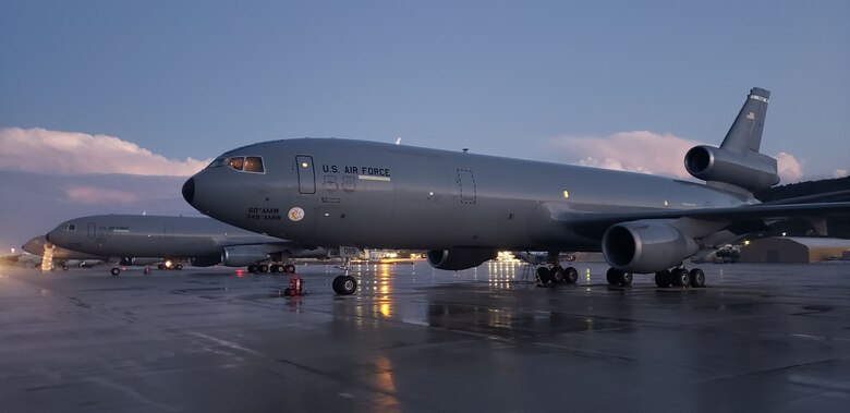 Three U.S. Air Force KC-10 Extender tanker aircraft park on the flightline at Naval Air Station Souda Bay, Greece, Oct. 21, 2020.
